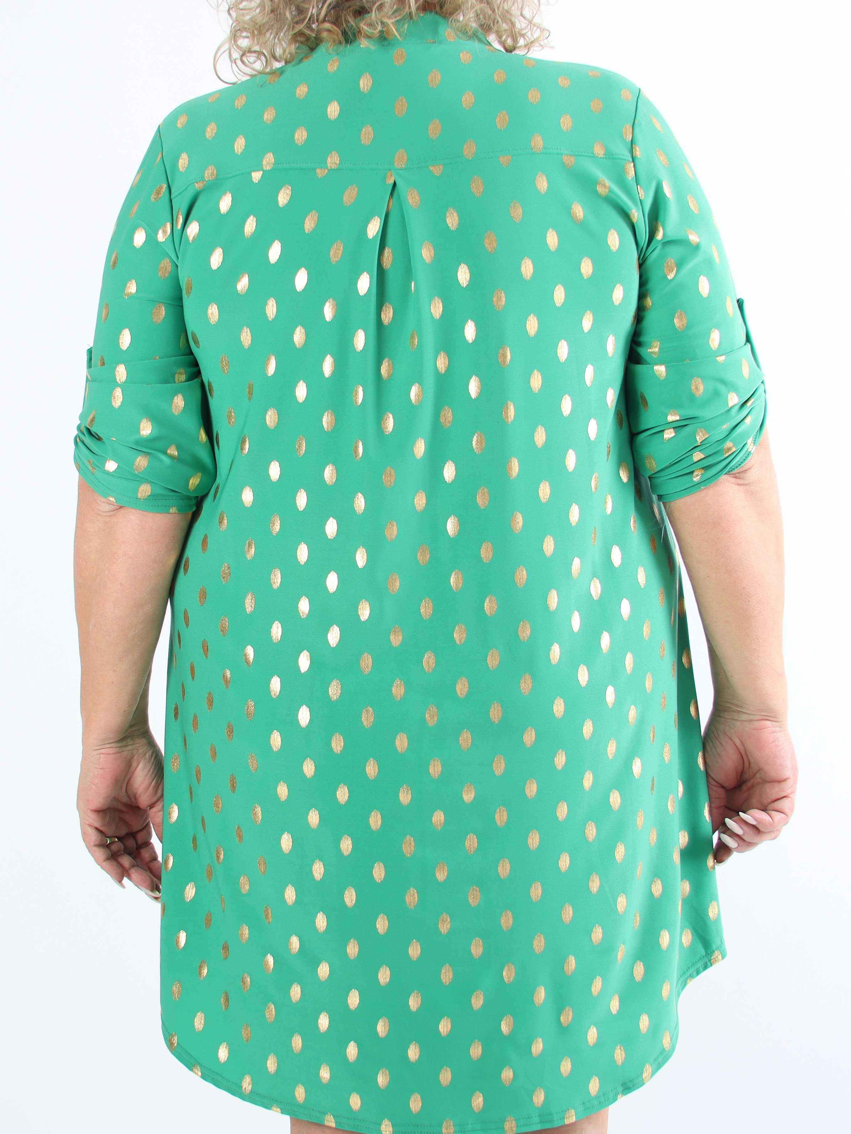 Ebba Gold Long - Elastisk plus size kjole med guld prikker